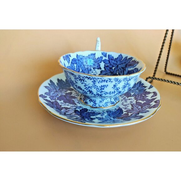 Coalport Hand Painted Tea Cup & Saucer Set Cobalt Blue Maple Leaf 1930's - Picture 6 of 15